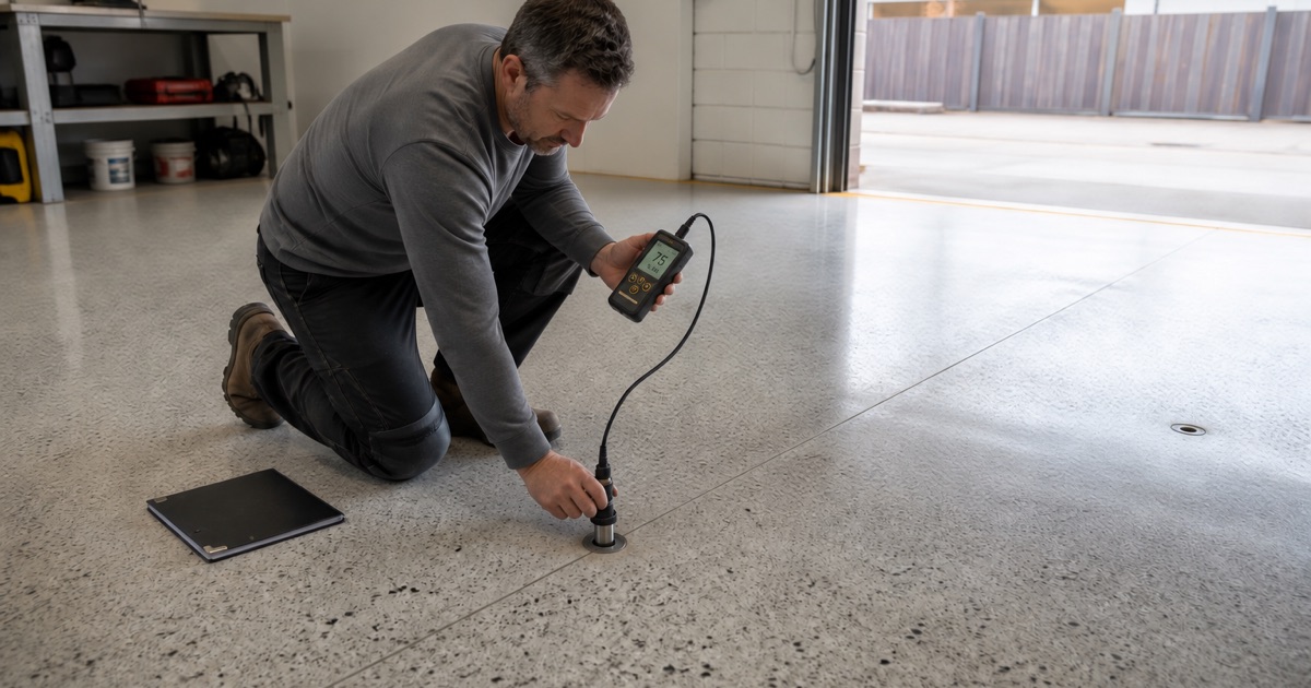 A finished mid-gray textured driveway coating in Colton running from the garage threshold out to a square edge at the street curb.