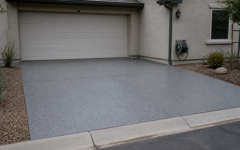 A worker rolls a knockdown texture into fresh pale overlay at a pool coping, low sun raking across the finished deck and old scaled concrete beyond.