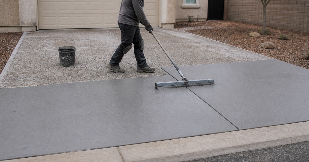 An operator runs a walk-behind planetary polisher down an older commercial corridor, polished satin concrete behind the machine and duller unfinished slab ahead of it.