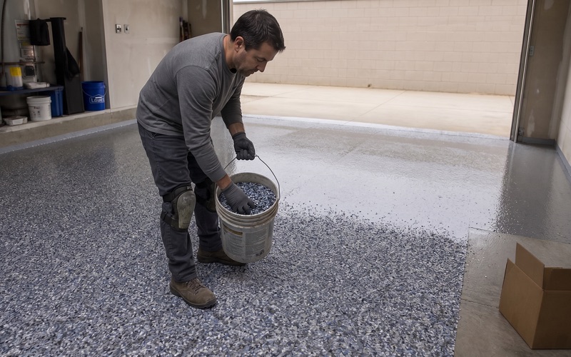 An installer draws a squeegee through a wet charcoal and pewter metallic pour, pigment separating into marbled drifts across the glossy resin.