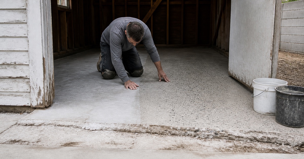 A worker casts vinyl flake across wet epoxy base coat in an open Colton garage, the finished floor stopping in a clean line at the door threshold.