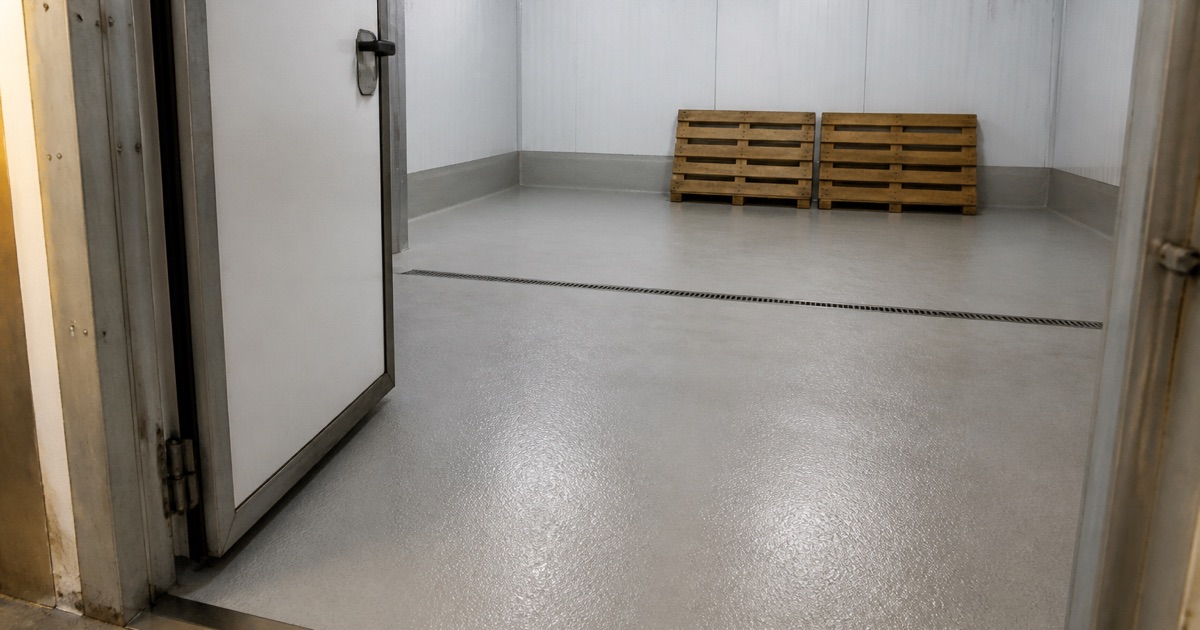 A worker lifts a sheet of failed grey-blue floor coating away from a Colton garage slab, clean concrete showing beneath and the underside of the lifted piece in view.