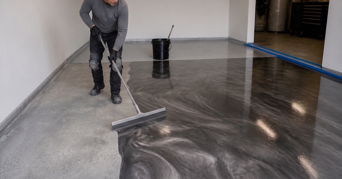 A grinder operator works a dust-shrouded planetary machine across a bare industrial slab, the ground half pale and open against the darker closed concrete ahead.