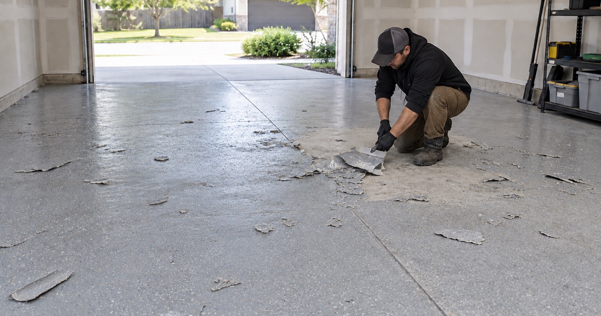 A worker kneels with a palm flat on the bare slab of a pre-war detached garage in Colton, half of it ground open and the door-line slab edge visibly broken down.