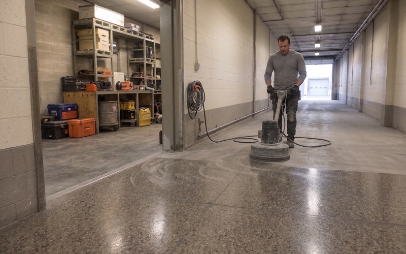 A kneeling installer pulls warm gray epoxy base coat toward the wall line of an emptied Colton two-car garage, the wet coating covering two-thirds of the slab.