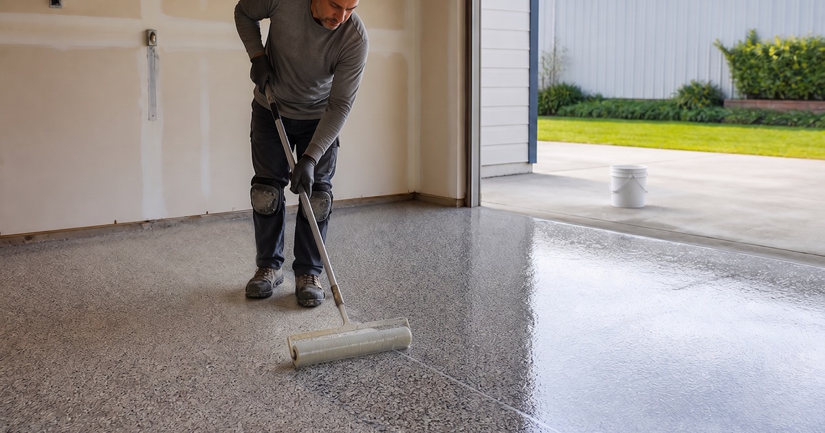 An installer spreads a thin gray cementitious overlay across a scaled residential driveway in Colton, carrying the existing control joint straight through the fresh lift.